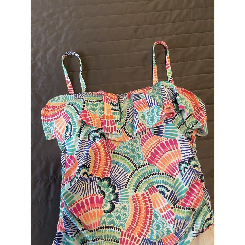 LA BLANCA WAVES OF COLOR COLORFUL RUFFLE BANDEAU ONE PIECE SIZE 16 PLUS SWIM - Picture 5 of 11